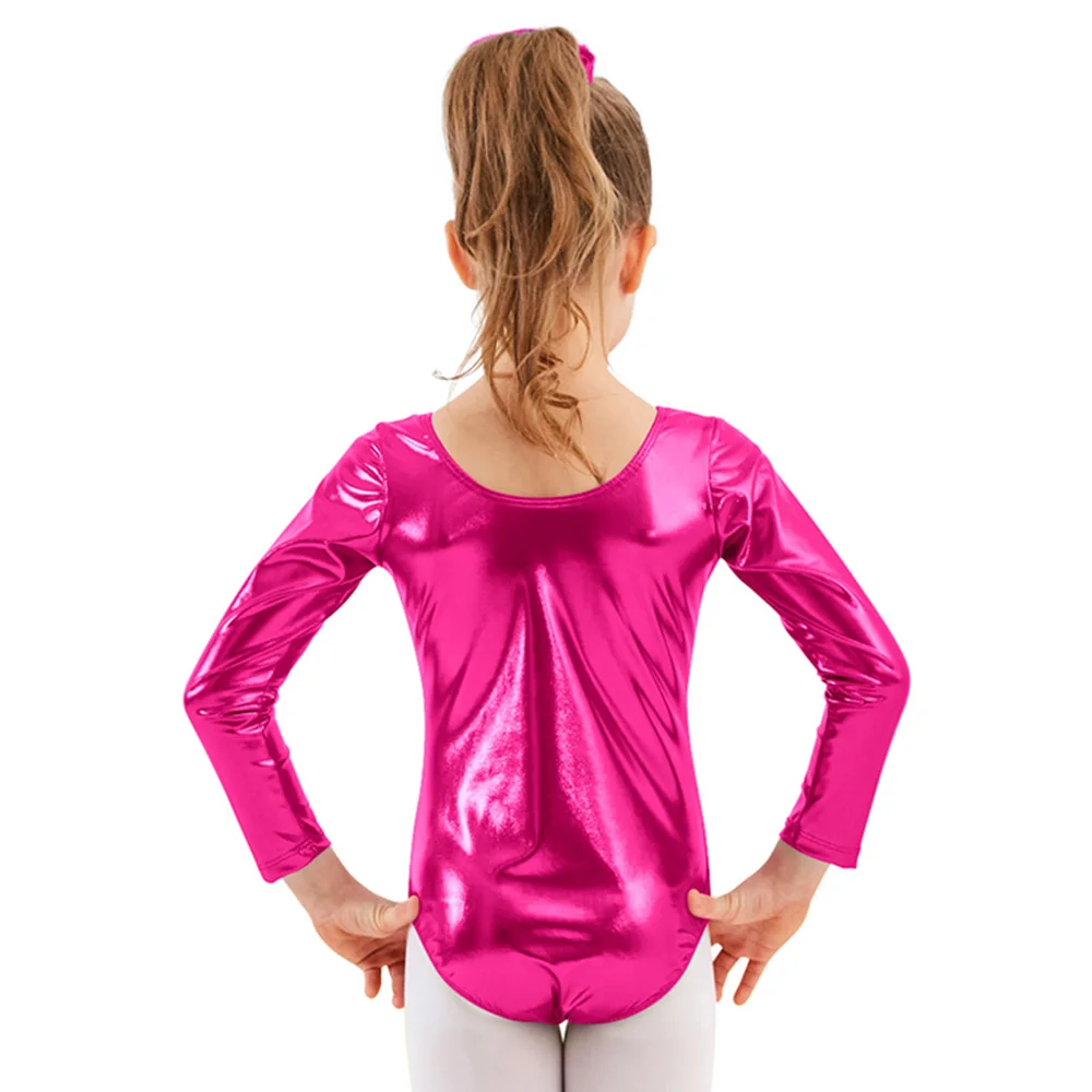 AOYLISEY Ballet Dance Shinny Metallic Leotards for Girls Gymnastics Bodysuit Long Sleeve Gold Rombers Spandex Costume Kids Wear