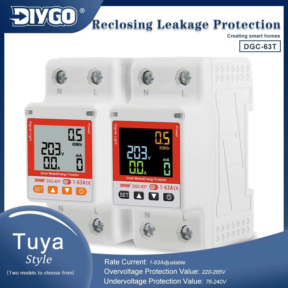 GIY GO 1-63A Adjustable Tuya WiFi Smart Reclosing Leakage Over Under Voltage Protector Din Rail Energy kWh Meter Circuit Breaker