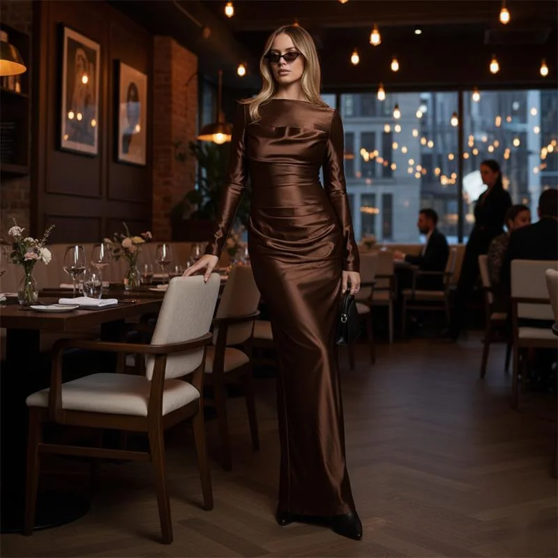 

Elegant Women’s Slim Waist Pullover Dress With Long Sleeves Split Hem Solid Color Long Gown For Chic Autumn Winter Evening Party