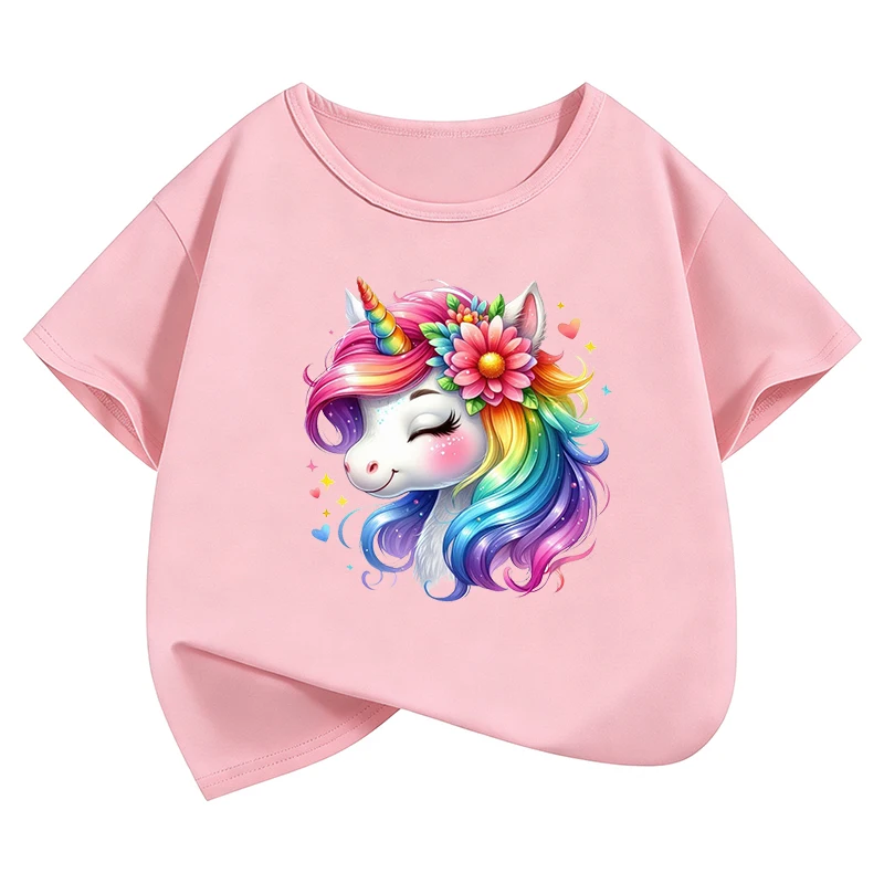 Fashion Horse with Rainbow Design T-Shirt Printed T Shirt Girls' Summer Clothes Short Sleeve Tops T-Shirts Cute Girls Clothing