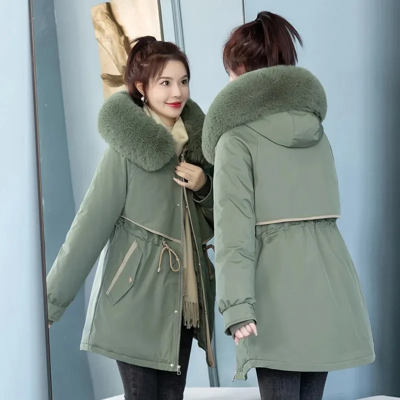 2024 neue Winter jacke Parkas Damen Hoodie dicke Baumwolle koreanische gebürstete Chiffon Futter Mantel weibliche Schnee wind dichte Oberbekleidung