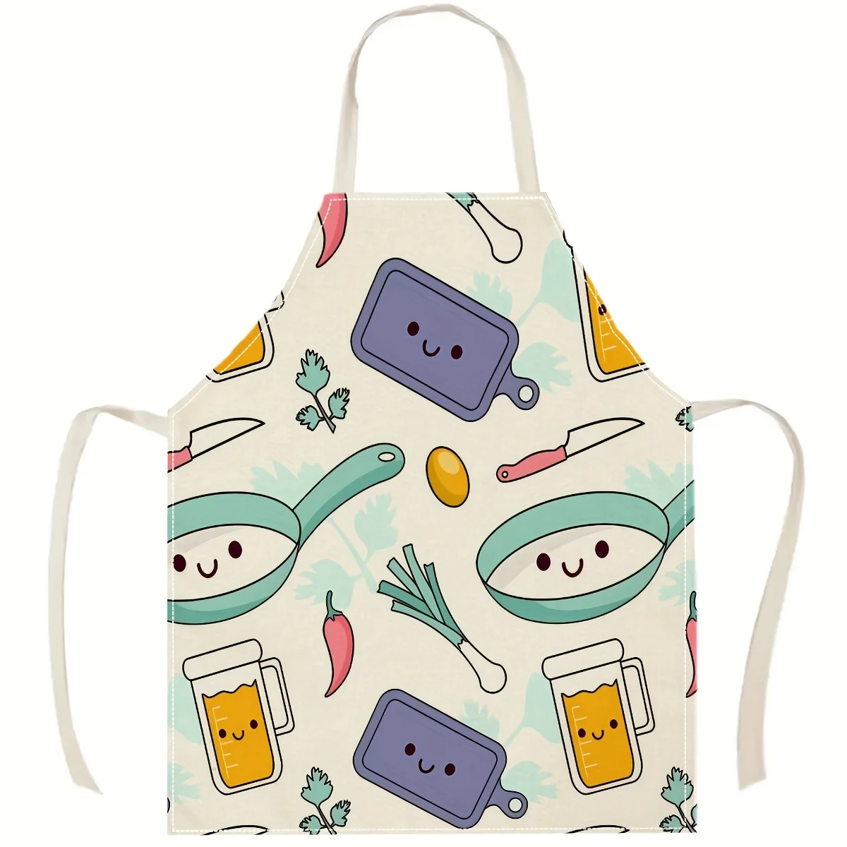 Cute Kawaii Kitchenware Apron, Cartoon Cooking Utensils Graphic Bib, Funny Food Pattern Home Decor, Gift for Baking Lover