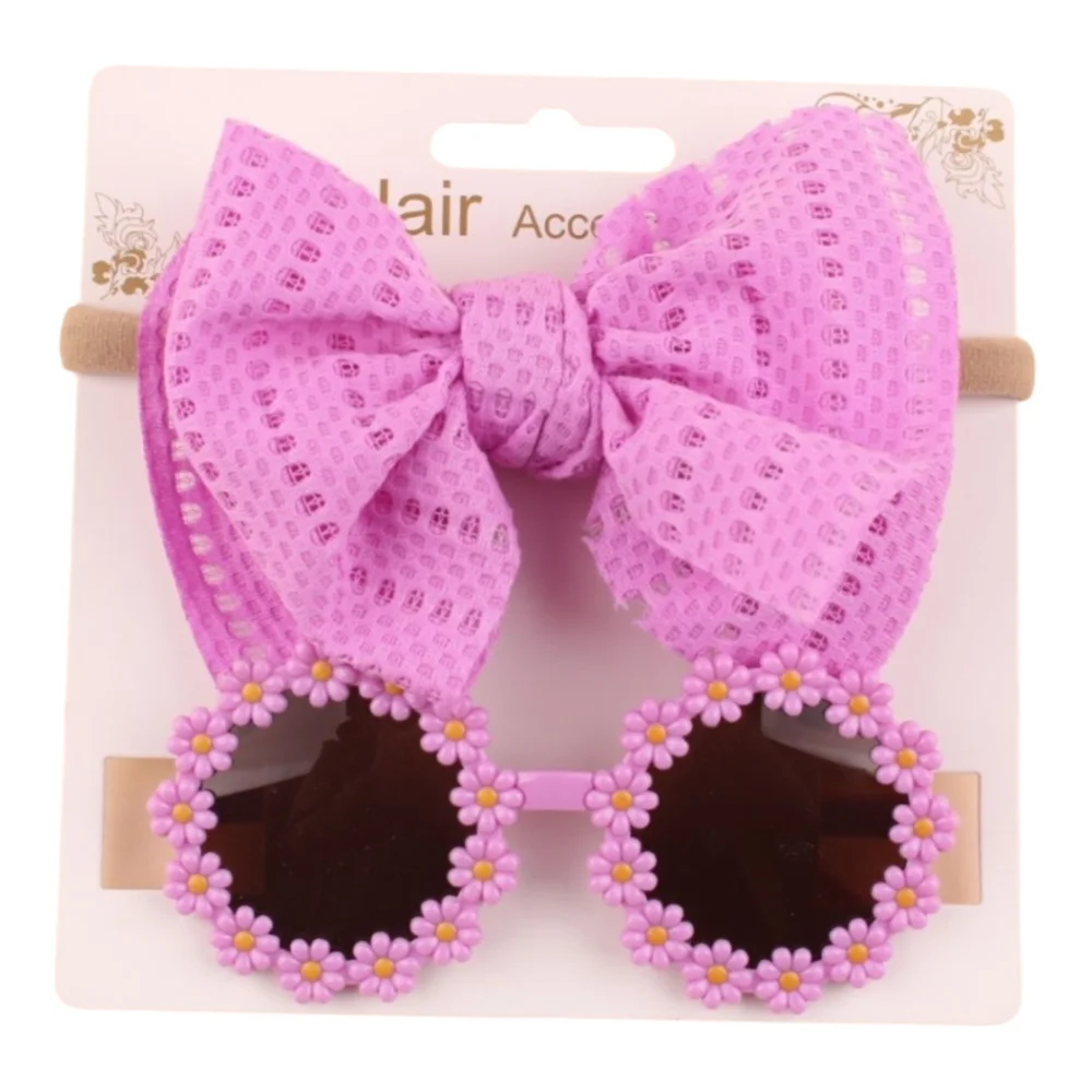 

2pcs/set Soft Elastic Children Bowknot Headband Wide Solid Color Baby Bows Turban Cotton Kids Sunglasses Set Hair Accessories