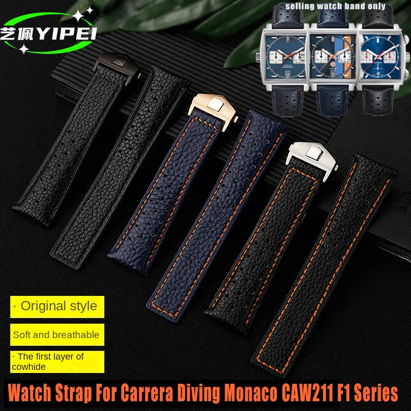 22MM Breathable Soft Genuine Leather Watch with For TAG Heuer Monaco Watchband CAW211M 211P CAW211R 211T Men's Strap 22mm