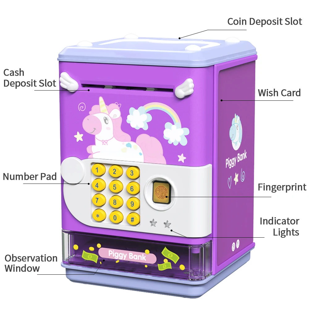 Piggy Bank Toy Electronic Mini ATM Savings Machine with Personal Password & Fingerprint Unlocking Simulation - Music Box with So