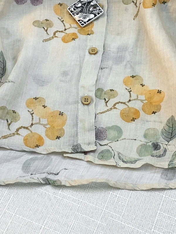 Retro Bluzka z bawełny i lnu w kwiatowy wzór, damska, letnia, w stylu leśnym, artystyczna, luźna, z kołnierzykiem w stylu klapki.