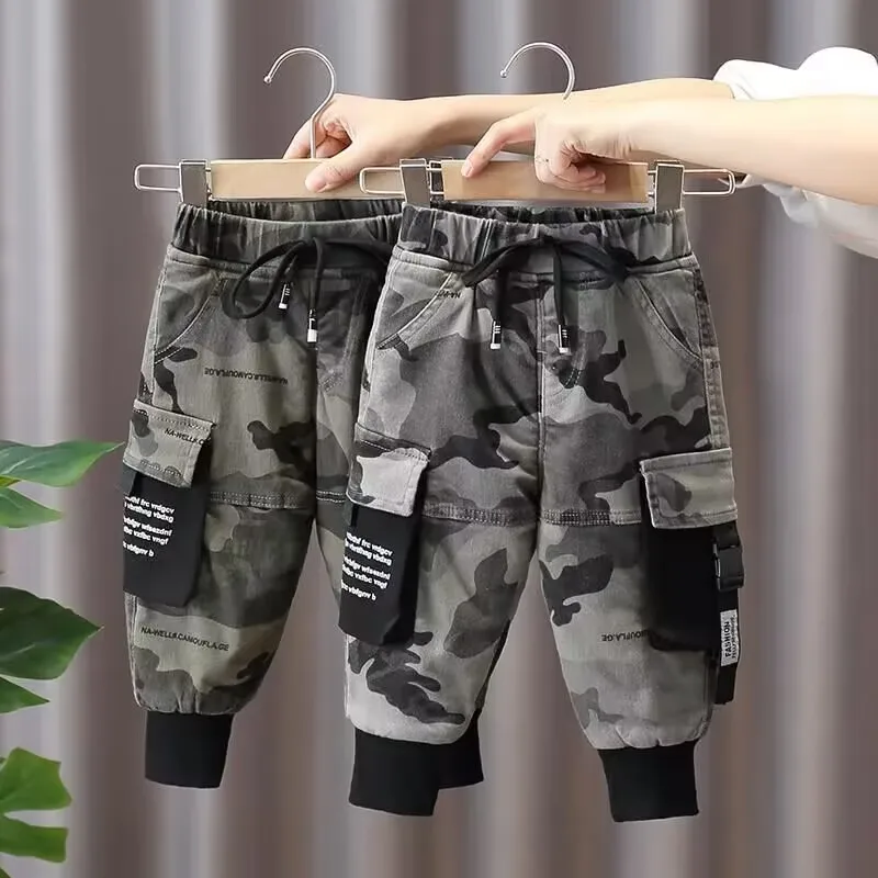 Autumn and Winter Boys\' Pants 2023 New Children\'s Plush Thickened Warm Pants Children\'s Pants Baby Camouflage Cargo pants