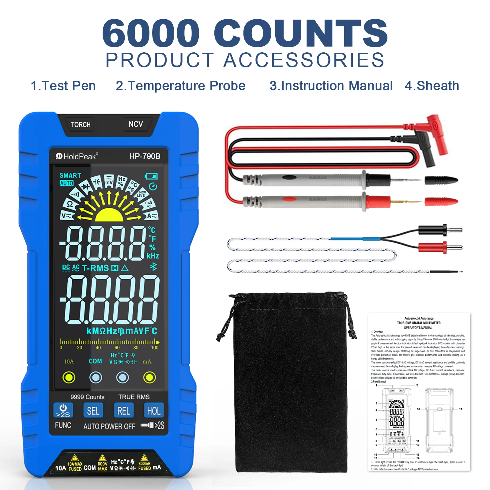 

790B True RMS Digital Multimeter 6000 Counts Auto Select NCV Torch Light Temperature Capacitance Type-C