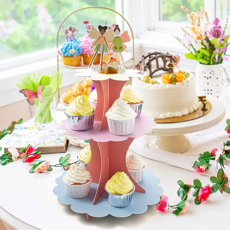 Pastel Woodland Fairy Mushroom Cupcake Stand for Girls Birthday Party Decorations 3 Layer Solid Paper Cake Stand Party Supplies