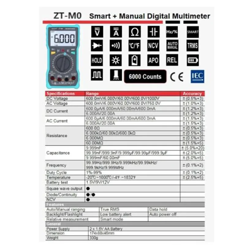 ZOYI ZT-M0 6000 High precision True RMS Auto Range Ammeter Voltmeter Smart Capacitor Temperature NCV Ohm Hz Tester