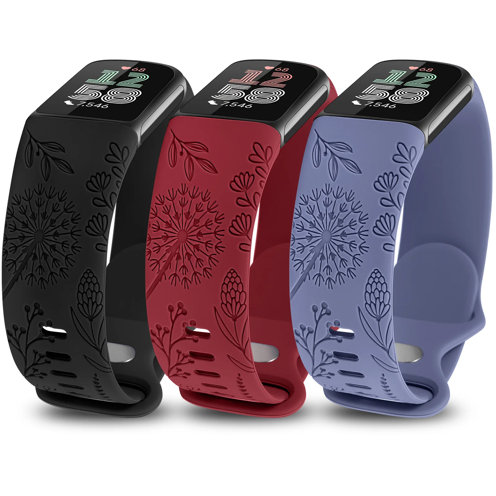 3pcs Floral Engraved Band for Fitbit Charge 6 Wristband Replacement Sport Silicone Watch Strap For Fitbit Charge 5 Bracelet