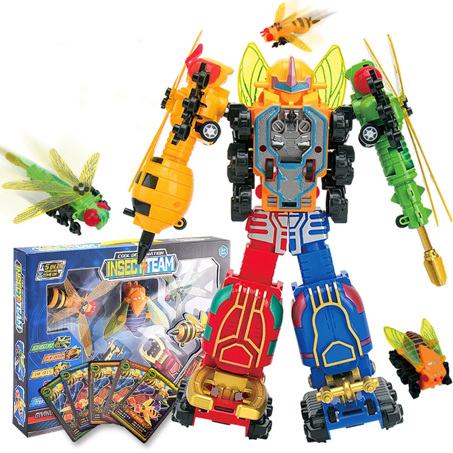 Insect Team 5-in-1 Transforming Robot Action Figure Set with Cards