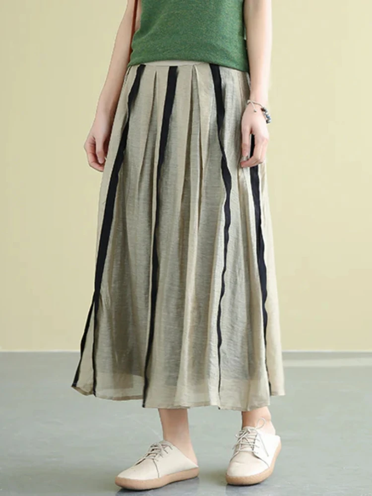 Casual Linen Fiber Striped Contrast Color A-line Skirts High Quality High-waist Vintage Long Skirt Spring/Summer Women Clothing