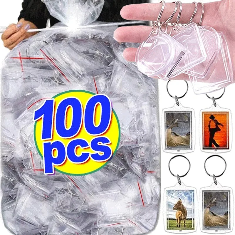 5-100PCS Clear Acrylic Photo Frame Keychain Photo Insert Keyrings Blank Rectangle for Double-Sided Photos DIY Supplies