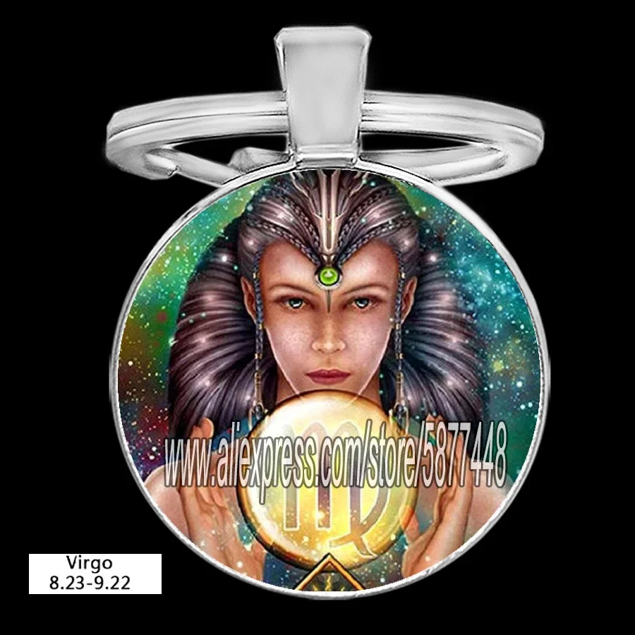 الملونة زودياك علامة المفاتيح 12 كوكبة ليو العذراء الميزان العقرب القوس قلادة الزجاج كابوشون كيرينغ هدية عيد ميلاد #4