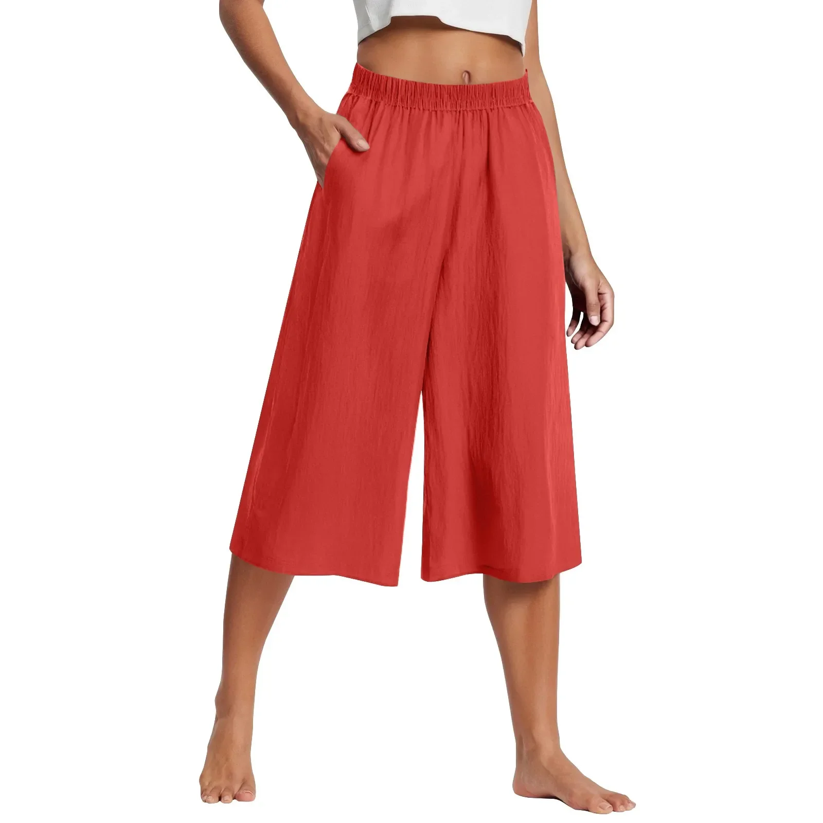 Feamle Casual and Versatile Lazy Style Wide Leg Pants With Pockets Lightweight High Waisted Loose Cropped Capris