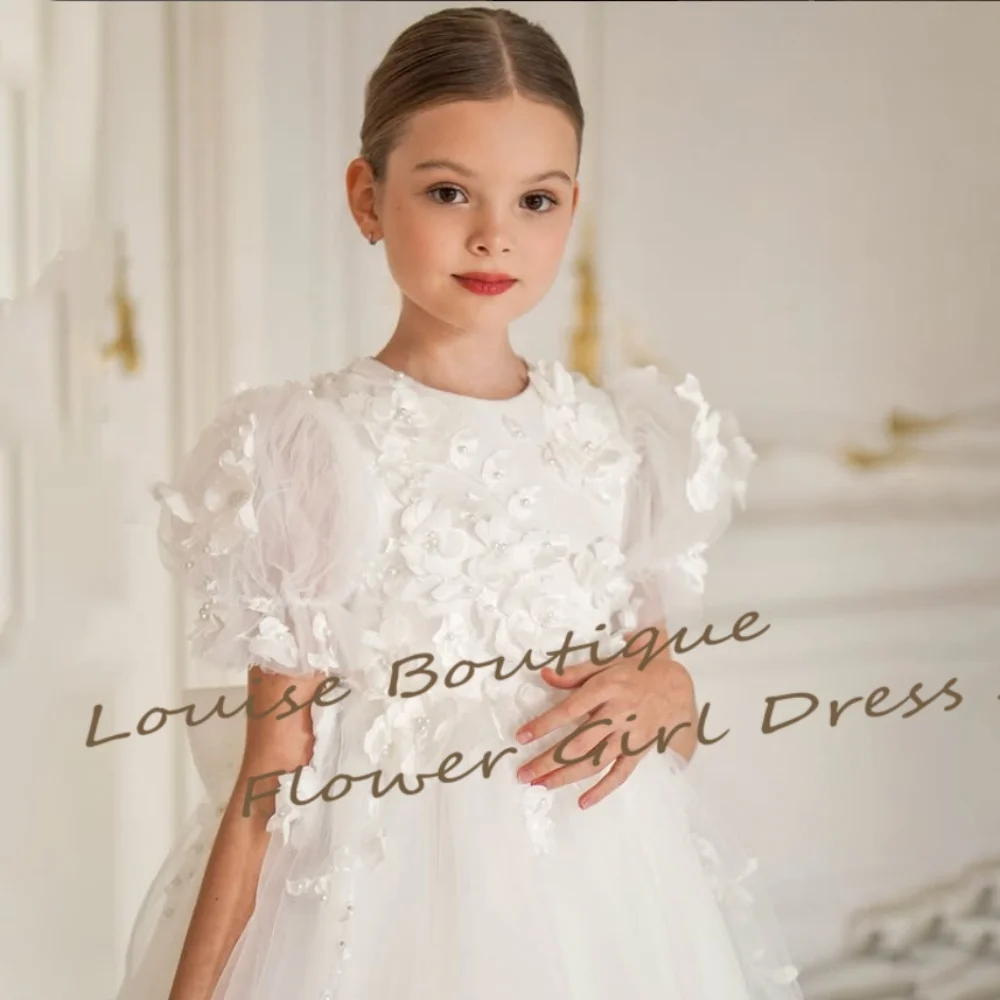 فستان فتاة الزهور الجنية برقبة دائرية وأكمام قصيرة مزين بالدانتيل فساتين تول لحفلات الزفاف للفتيات أول مناولة رداء حفلات أعياد الميلاد