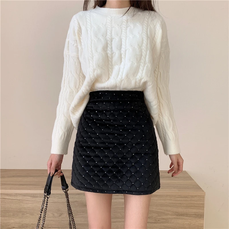 EasyGarment Spring Black High Waist Sequin A-Line Women\'s Winter Clothes  New Slim Quilted Velvet Mini Skirt