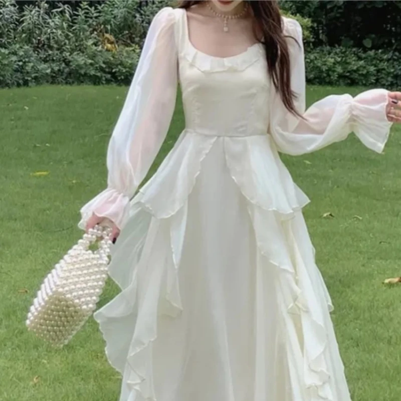 New 2024 Vintage Fairy Chiffon Long Dress Women White Elegant French Party Midi Dress Puff Sleeve Casual Odzież Damska