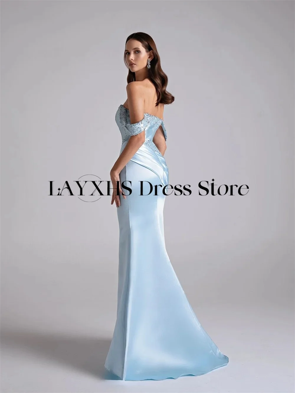 LAYXHS luxe perlé robe de soirée bleu hors de l'épaule sirène robe de bal robes de soirée personnalisées