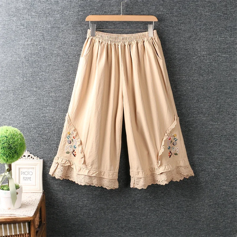 Summer Japanese Style Mori Gir Sweet Floral Embroidery Loose Wide Leg Pants Women Elastic Waist Vintage Cotton Linen Trousers