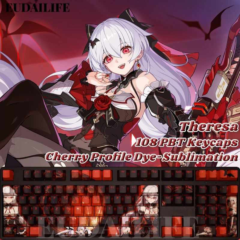 

Theresa 108 Key Caps Honkai Impact PBT DYE Sublimation Light Transmitting Cherry Switch Cross Key Cover for Mechanical Keyboard