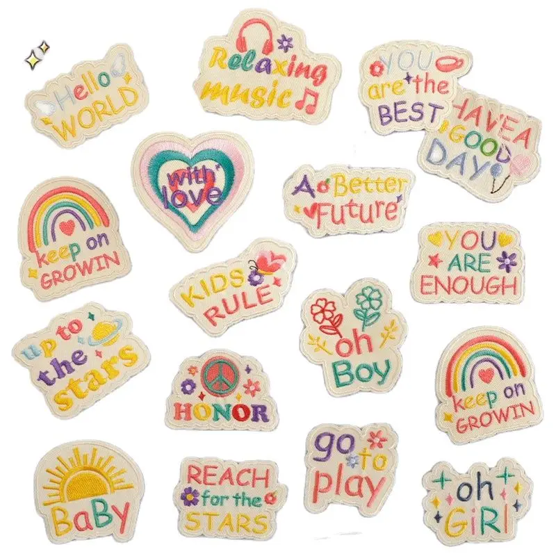 Cartoon Cute English Text Patches For School Backpack Clothing Hats Iron On Embroidery Positive Energy Logo Badge