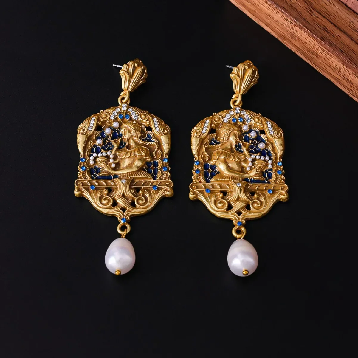 Elegant Pearl Drop Earrings Vintage Enamel Colorful Diamond Embedded Court Style Western European Fashion Jewelry Accessories