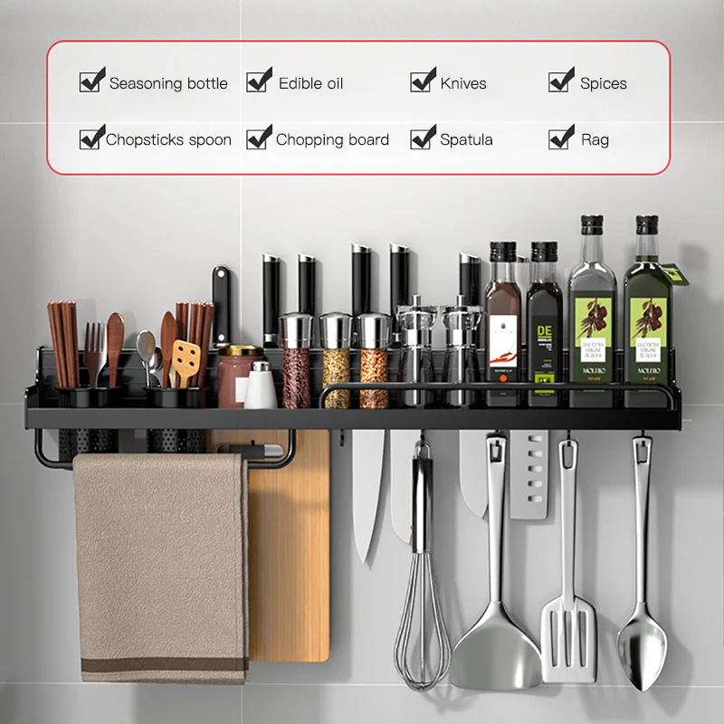 Wall-mounted Kitchen Rack Storage Shelf Spice Rack Aluminum Multifunctional Punch-free Kitchen Shelf Chopsticks Holder Organizer