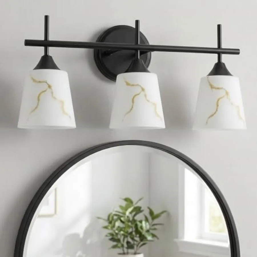 3-Light Black Mid Century Bathroom Light Fixture Modern Vanity Light with White Marble Glass Shade for Bathroom Mirror Living R