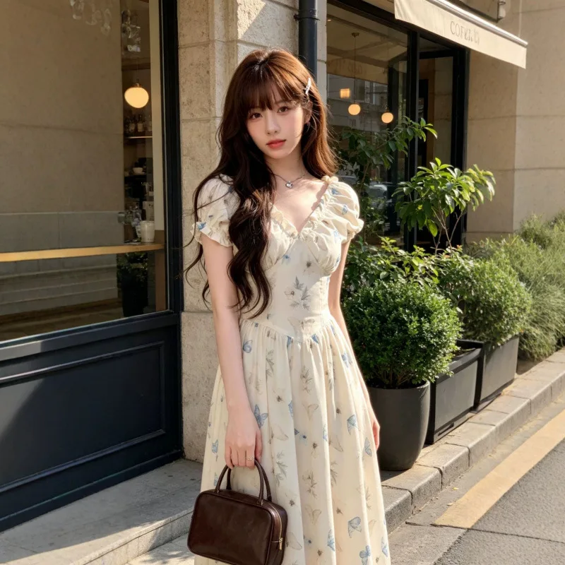 Unique Sweet Design With Butterfly And Flower Details, Slimming For Girls V New Vintage Floral Print Long Dress A Retro Vibe