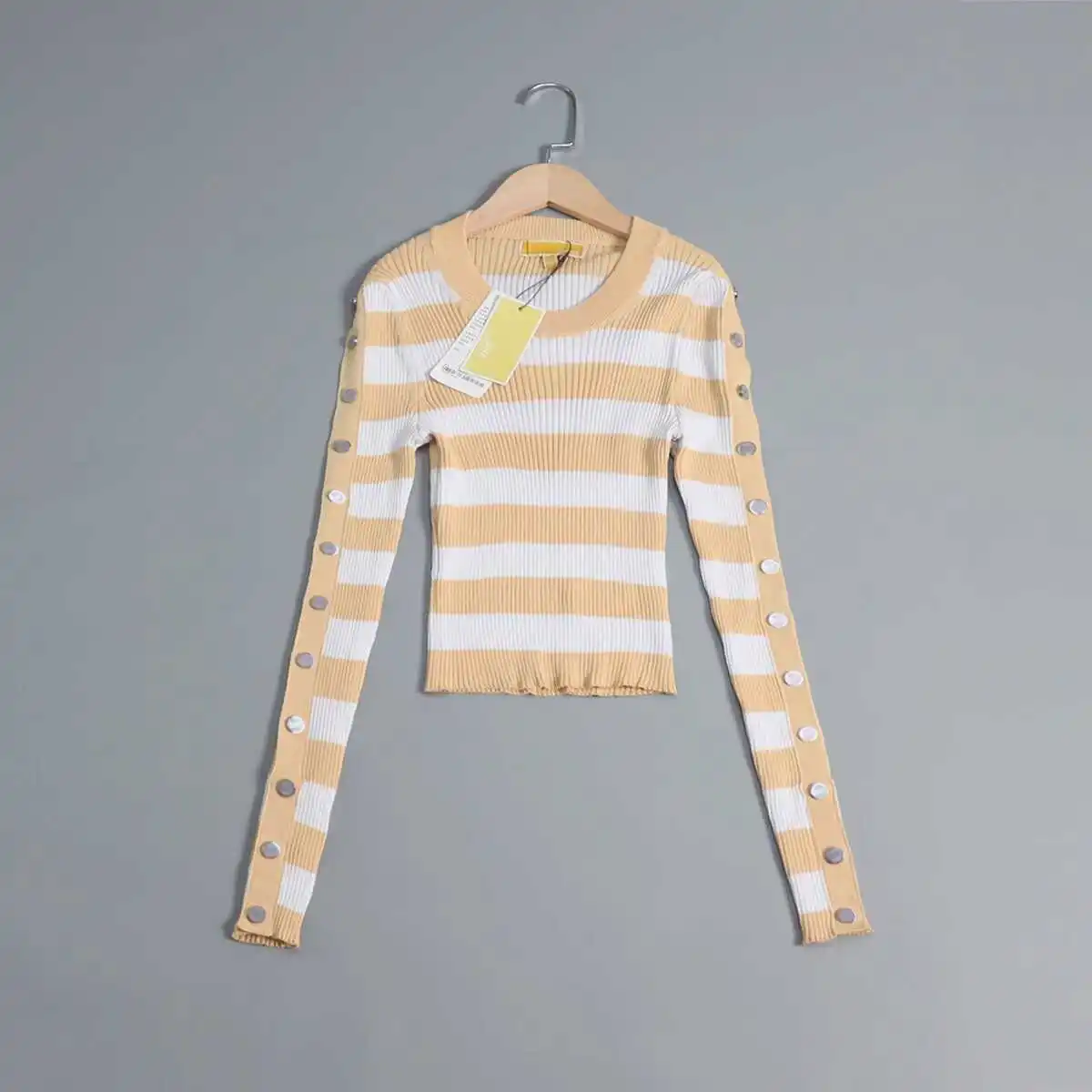 2024年初秋 レディース ストライプニットウェア ロングスリーブ ラウンドネック プルオーバー スリムフィット ベースシャツ レギュラー丈 おしゃれ