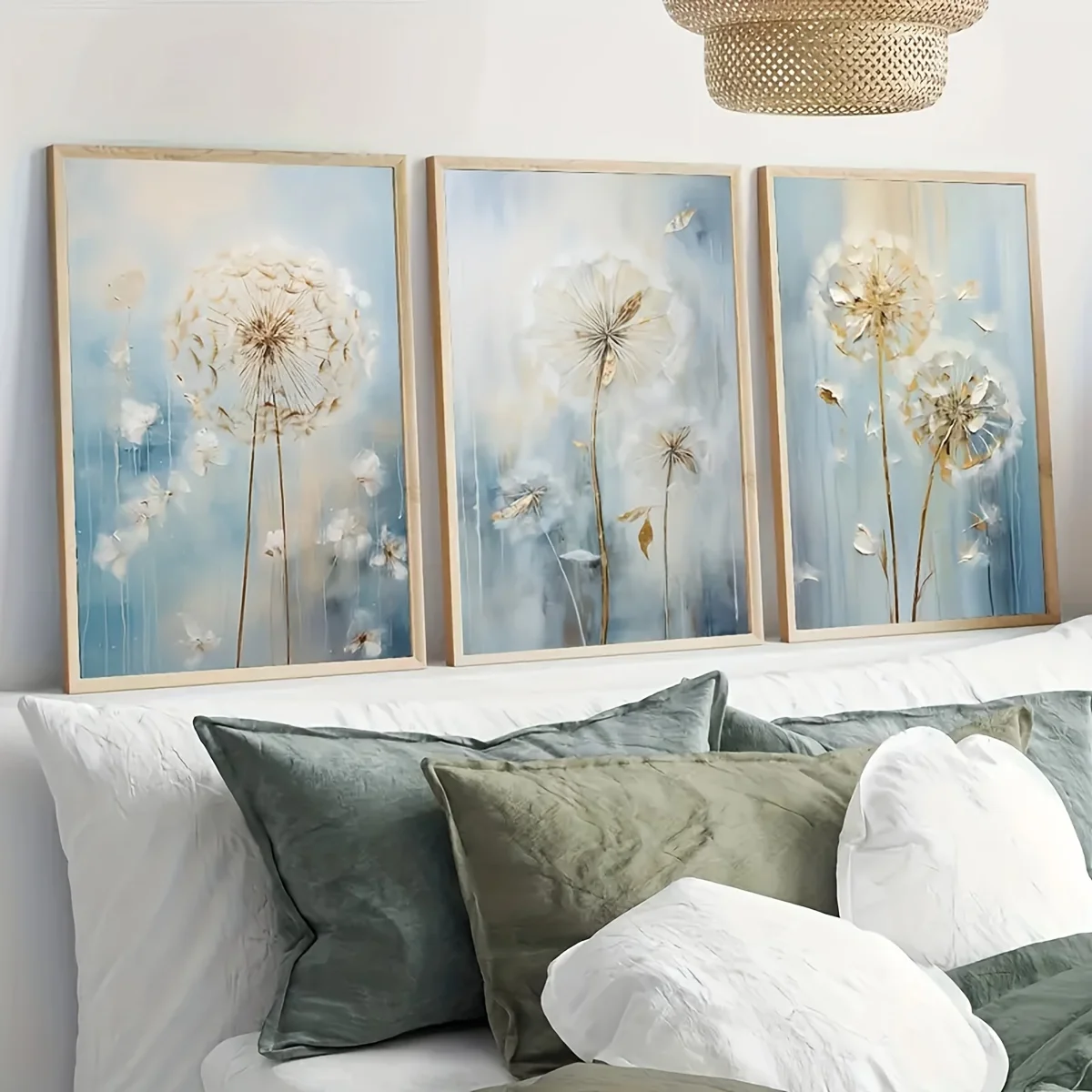 3-Piece Set Rustic White and Golden Dandelion Canvas Posters, Frameless Wall Art Prints, Gift Artwork for Bedroom, Office, Livin