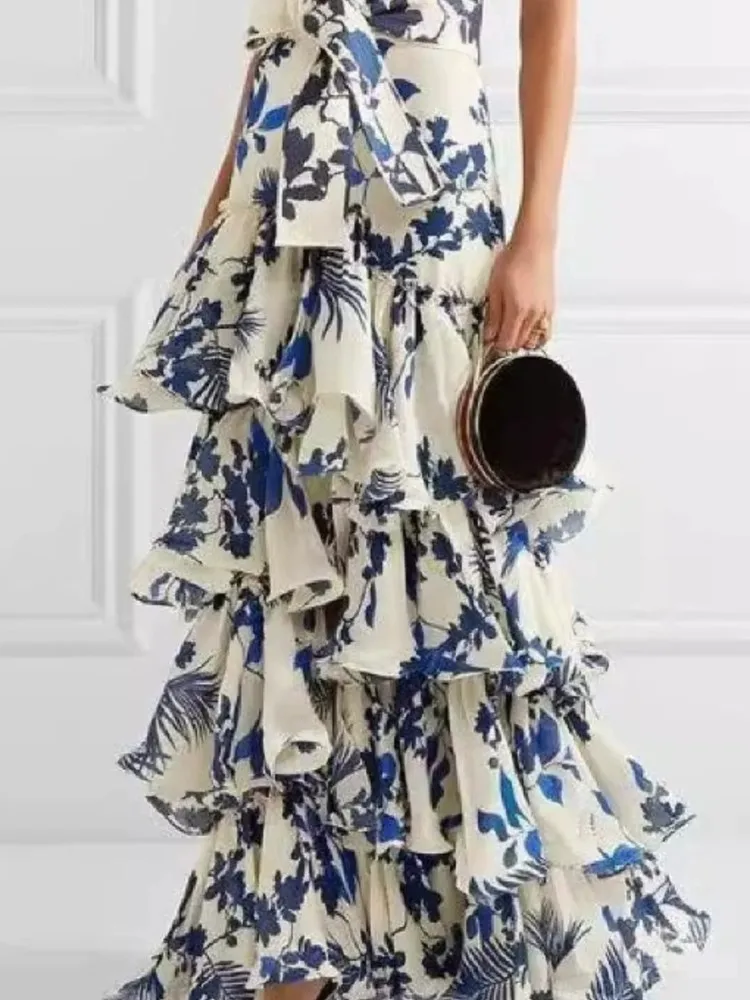 Vestido feminino elegante com estampa floral, gola halter, renda, ombro de fora, detalhes de gravata franzida, vestidos com babados em camadas, novo