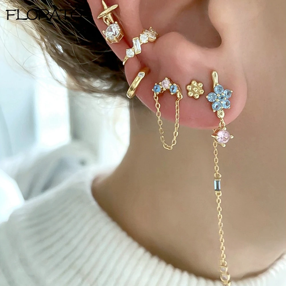 925 Sterling Silver Needle Cute Flower Pendant Hoop Earrings for Women Colorful Zircon Earrings Fashion Wedding Puncture Jewelry