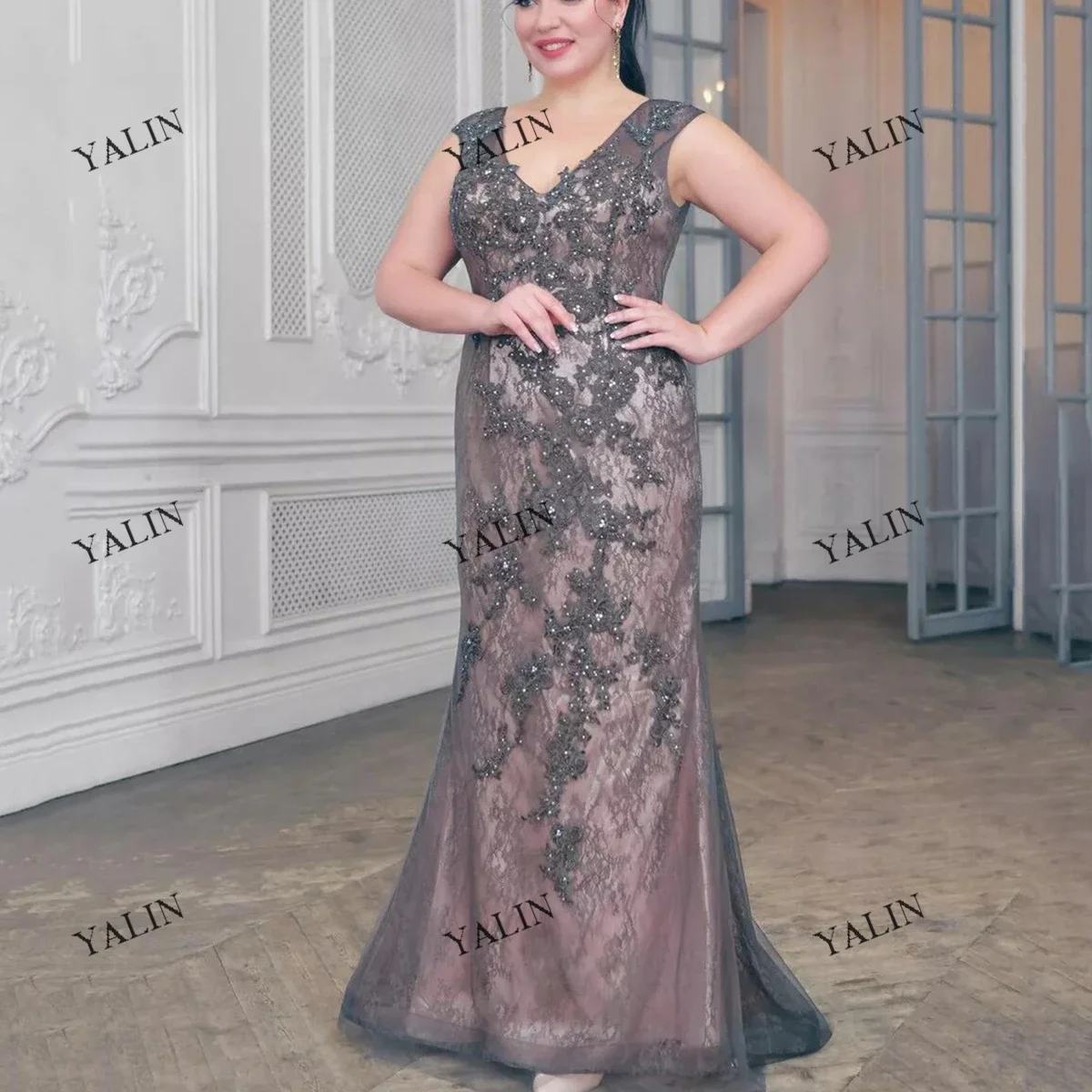 

YALIN Formal V-Neck Sheath Evening Dresses Embroideried Lace Wedding Party Gowns Floor Length Mother Of The Bride Dress