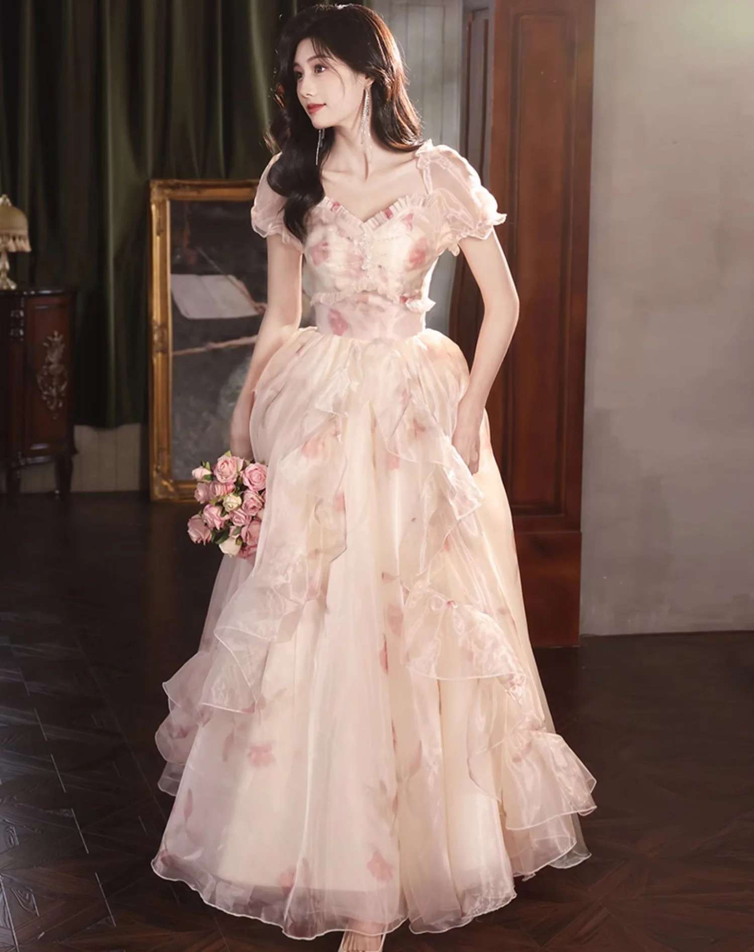 

Fairy Prom Dress Long Graduation Dresses Sweetheart Short Sleeves Lace-up Back Long Party Dresses