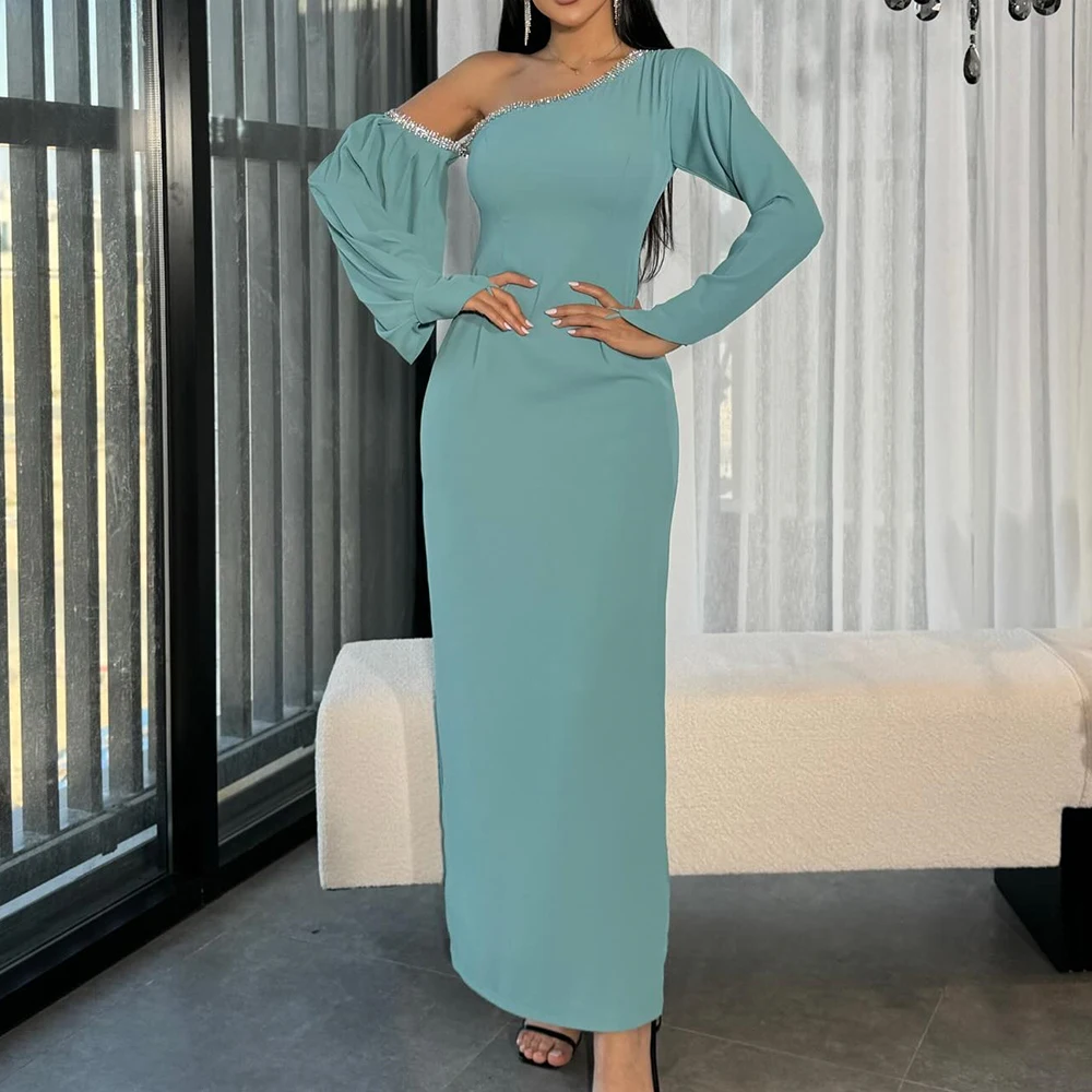 Customized Elegant Straight Ankle Lengt Strapless Jersey Long Sleeves Evening Dress Classic Photo Color vestidos para mujer