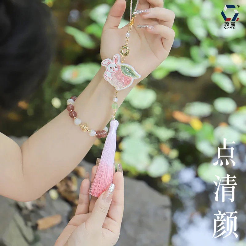Snqp Traditional Chinese Style Embroidery Cheongsam Press Lapel Pendant Lucky Lotus Rabbit Peach Gradient Tassel Hanfu Accessory