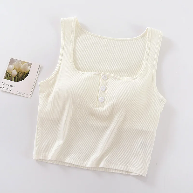 Button Square Neck Vest Chest Pad Short Underwear Bottom Sleeveless Top Sexy Cotton Pajamas T-Shirt Summer Sleep Tops For Women