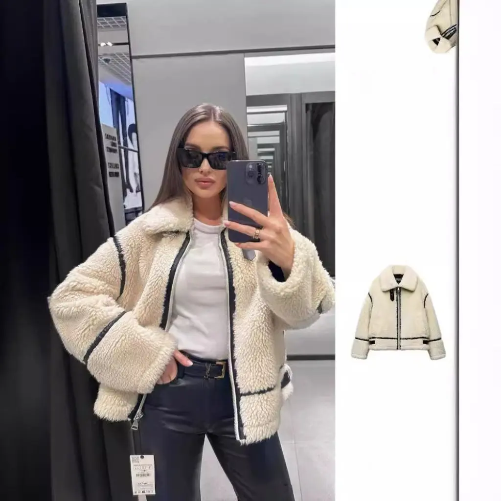 Women's Loose Stitching Lambswool Jacket European And American Style Autumn Winter Fashion Versatile Clothing 23 JM