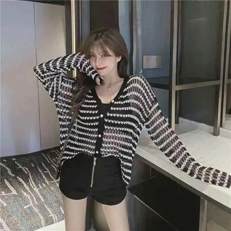

Женский тонкий свитер с длинным рукавом и v-образным вырезом Sueter Mujer, корейский повседневный полосатый вязаный ажурный свитер, куртки