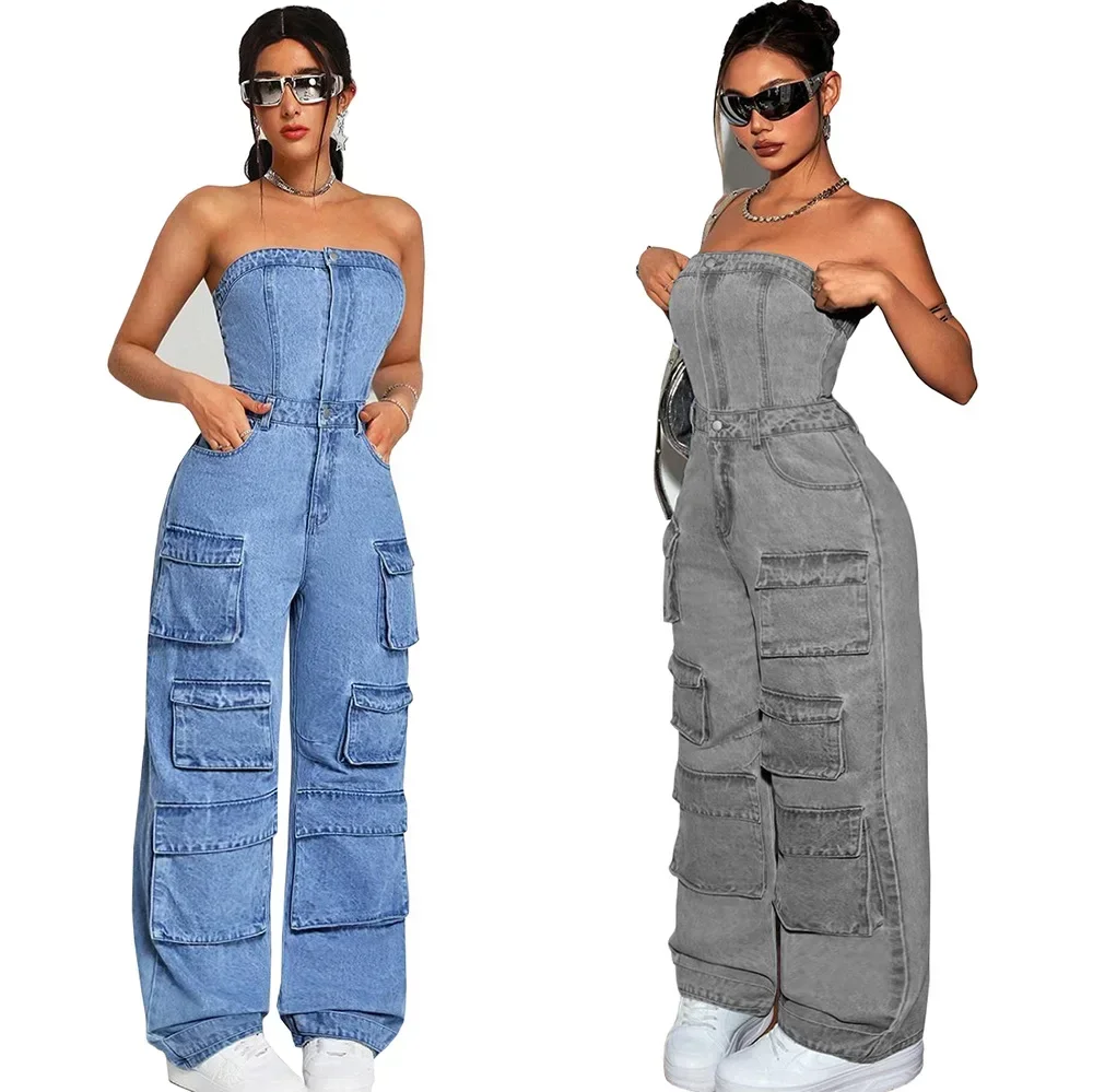 Women Denim One Piece Strapless Sleeveless Long Cargo Pants Jumpsuits Slim Fit Sexy Rompers Tight Waist Wide Leg Pant Overalls