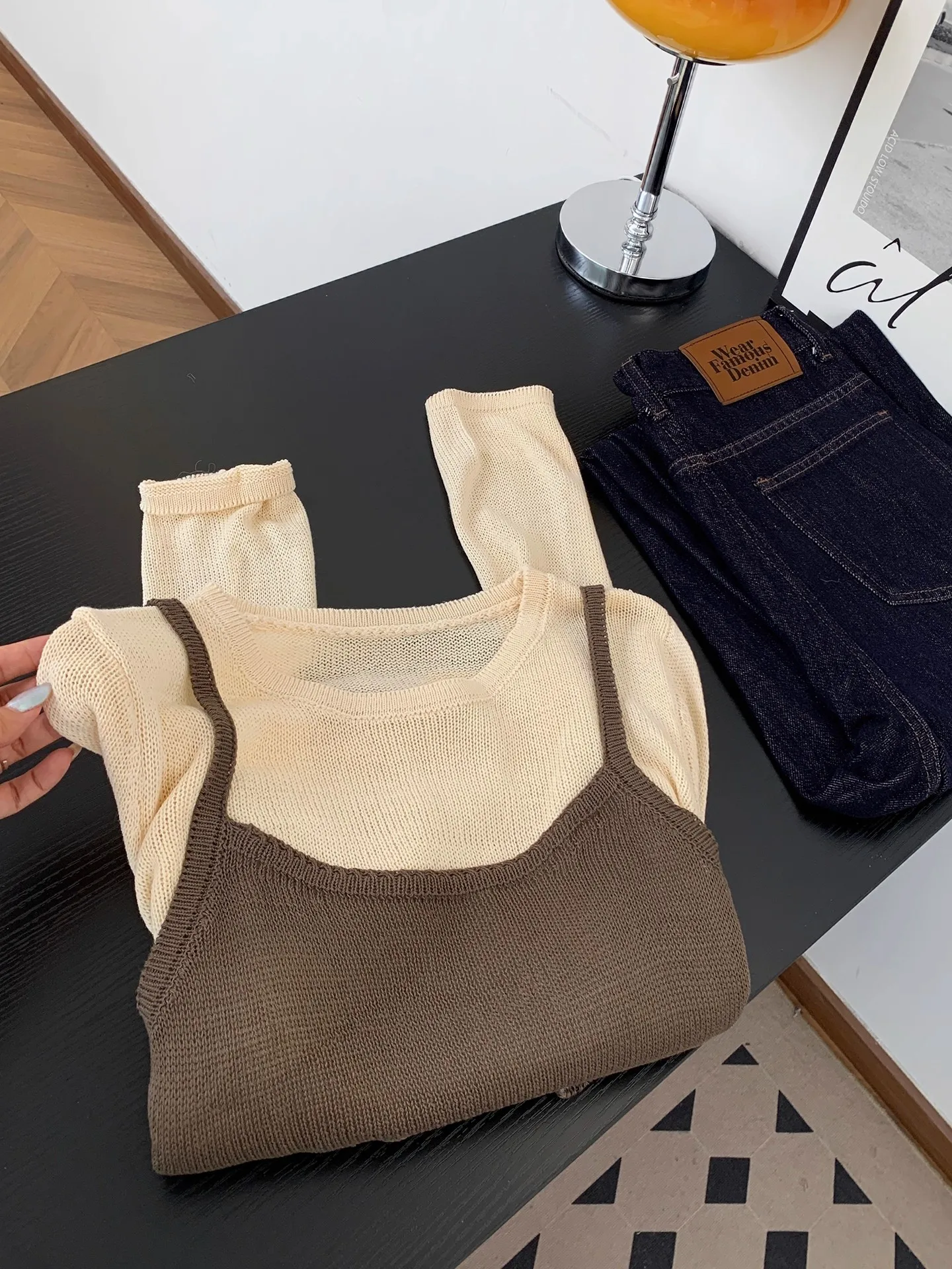 韓国 Sle ベルト付きパッチワークニットウェア女性の秋のデザイン超美しいトレンディなウエストシェイプロング Sve トップ