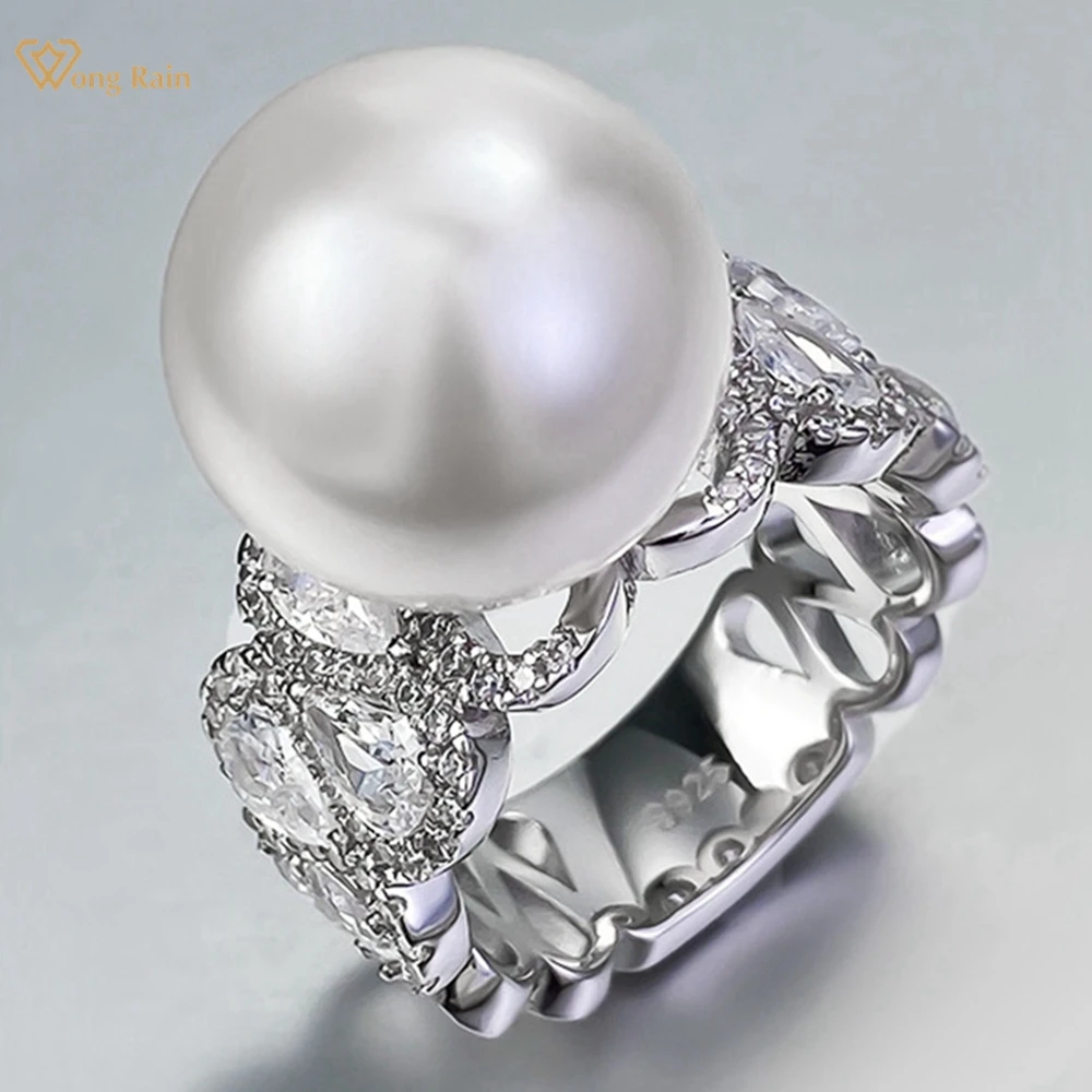 

Wong Rain Luxury 100% 925 Sterling Silver 14MM Pearl High Carbon Diamond Gemstone Ring for Women Wedding Jewelry Engagement Gift