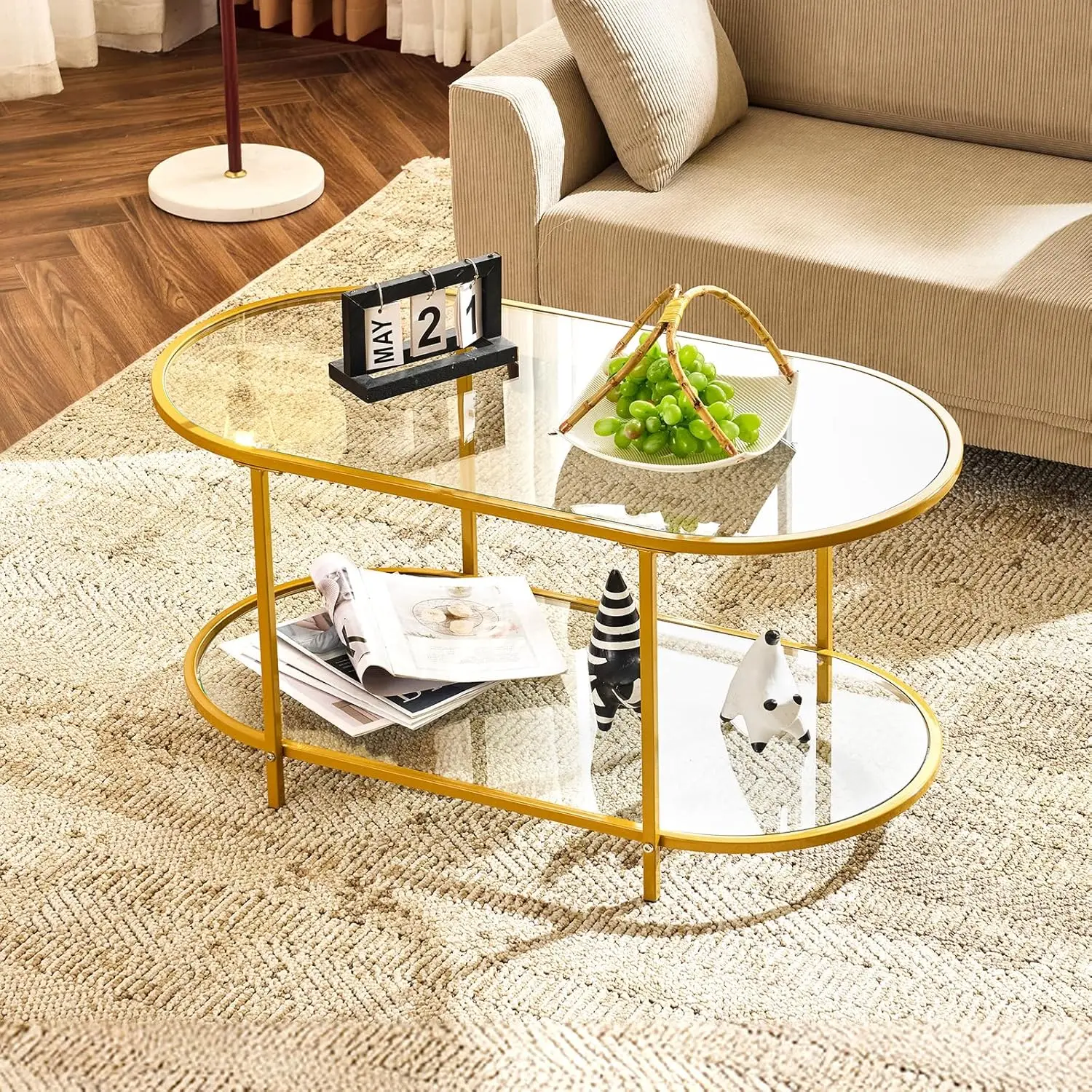 

38" Oval Coffee Table with Glass Top and Gold Metal Frame, 2-Tier Storage for Living Room and Small Spaces