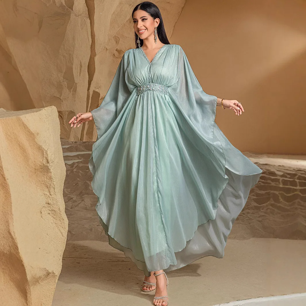 

2025 Middle East Muslim New Fashion Women's Green Beading Casual Trendy V-neck Long Sleeve Elegant A-line Dresses Female Clothes