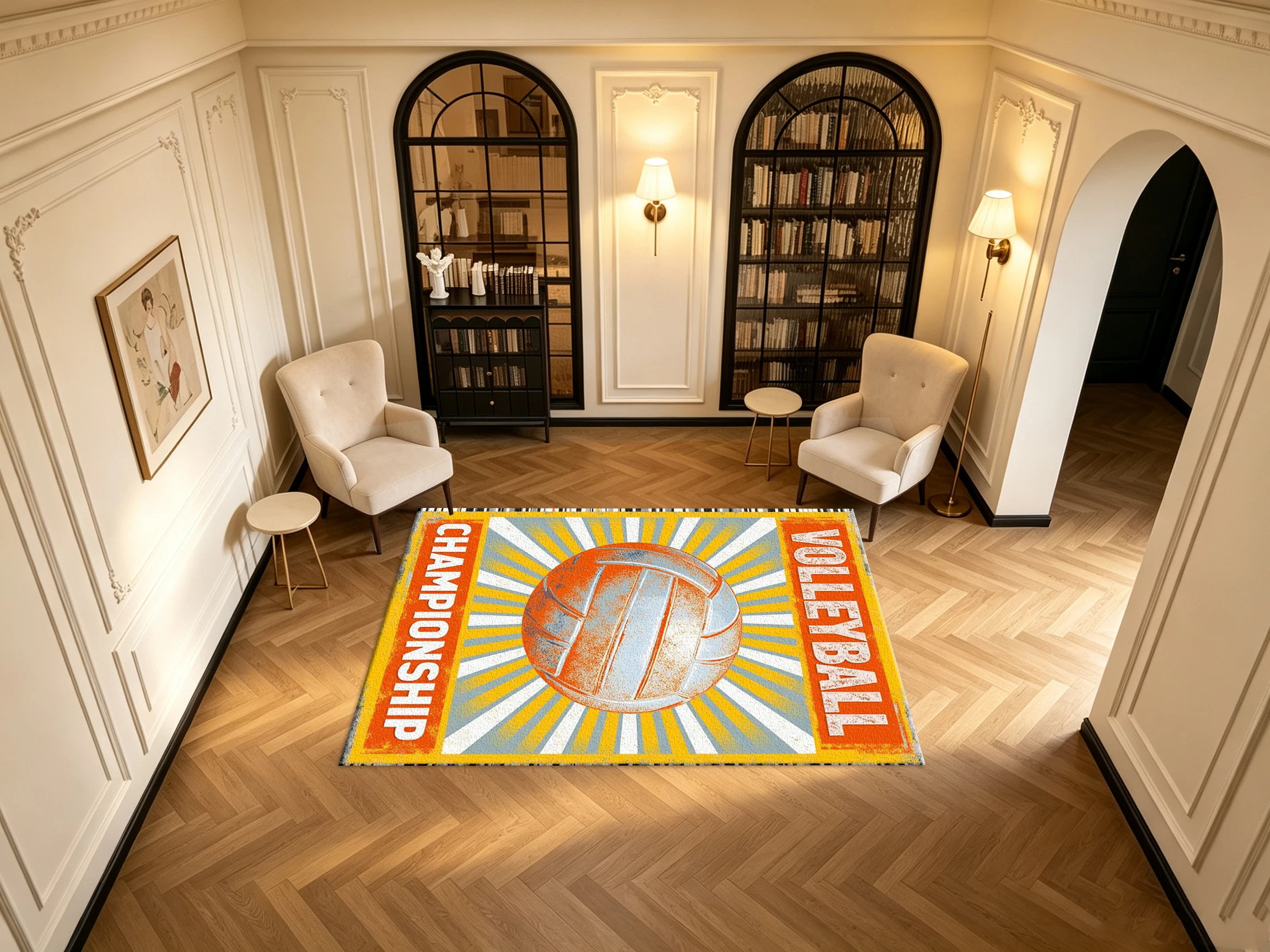 Retro Volleyball Championship Sports Carpet Flooring Sunburst Distressed Graphic Printed Square Area Rug for Household Interior Decor