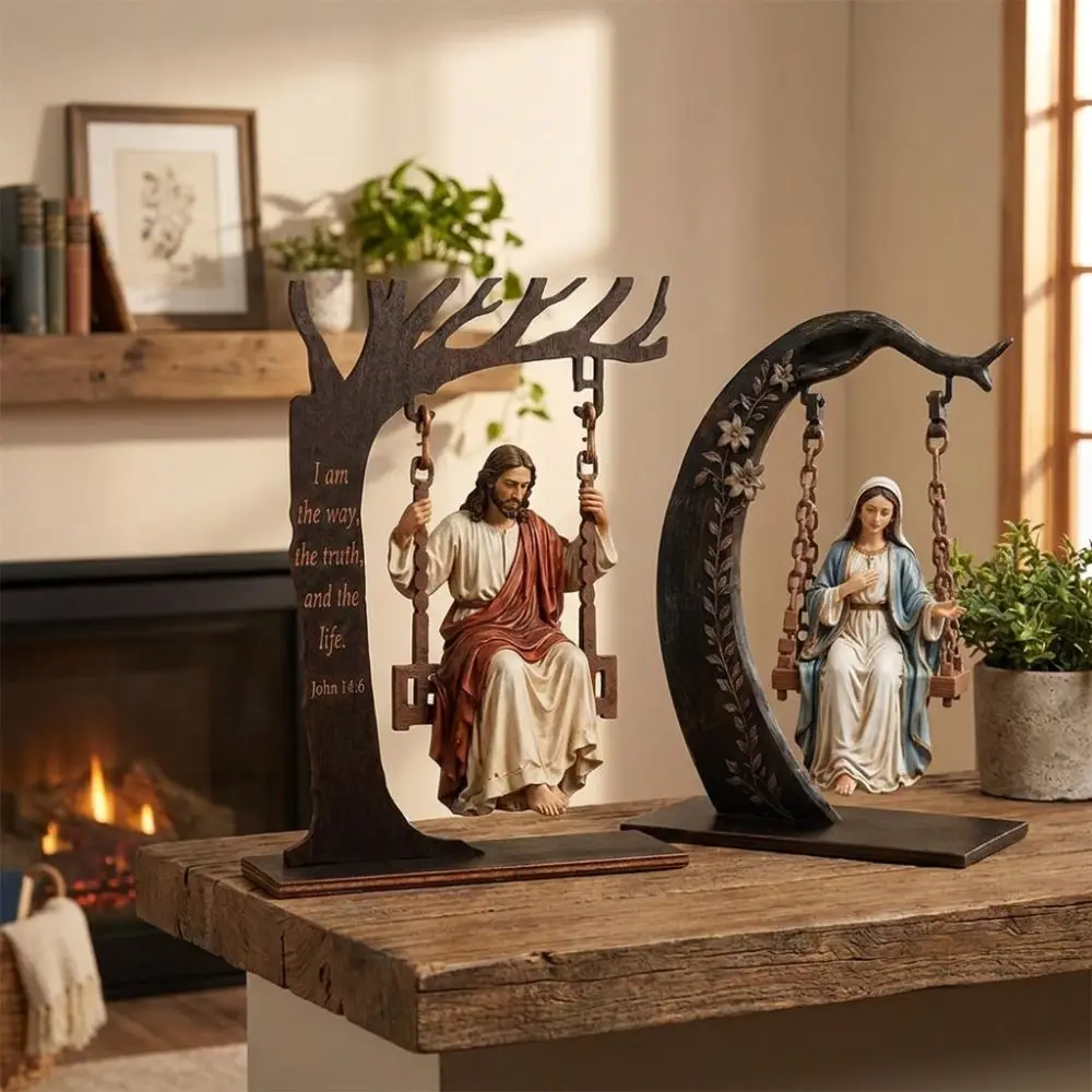 Vintage Wooden Jesus Swing Ornament Catholic Verse Engraved Bible Reading Figurine Religious Prayer‑Theme