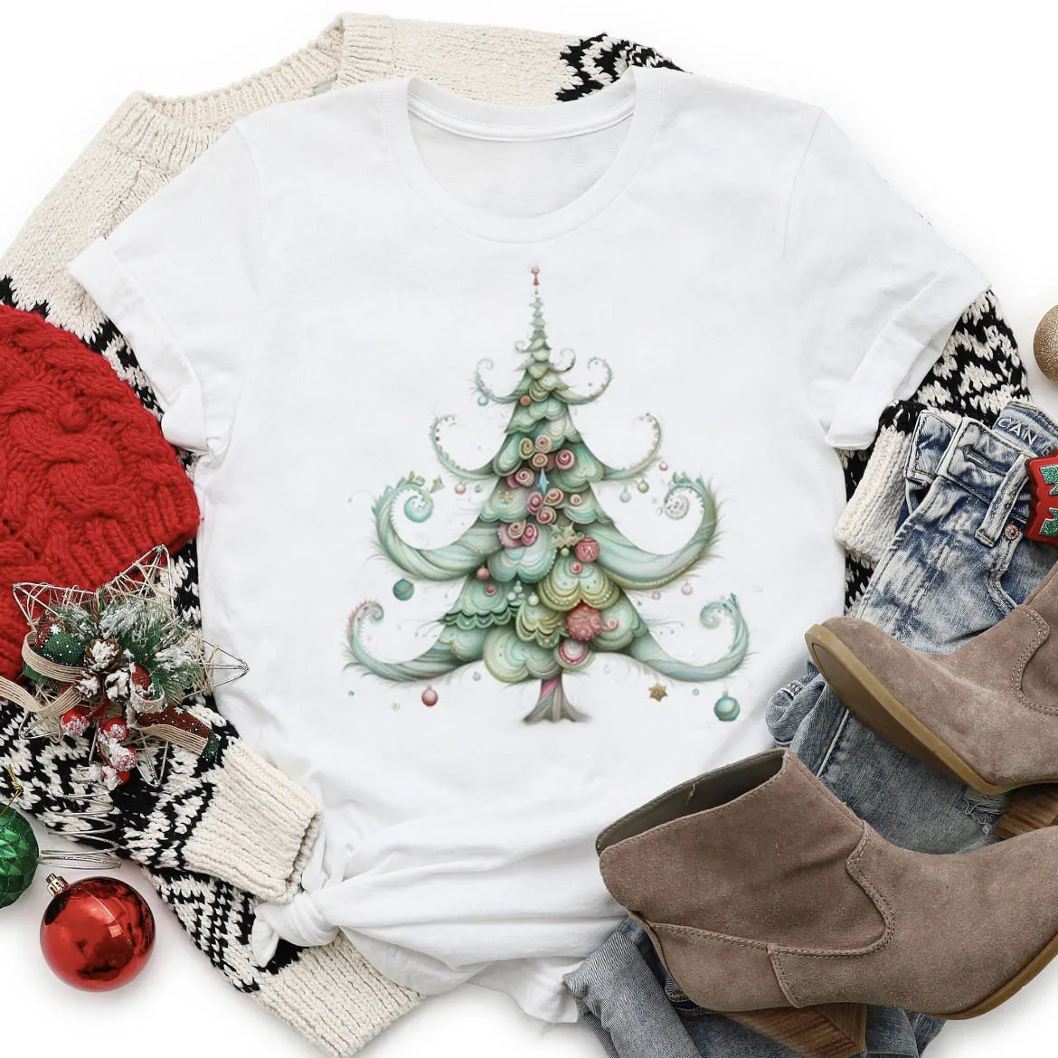 Senhoras árvore de natal padrão impresso branco topo roupas casuais estilo aquarela 90s moda manga curta doce o-pescoço camiseta